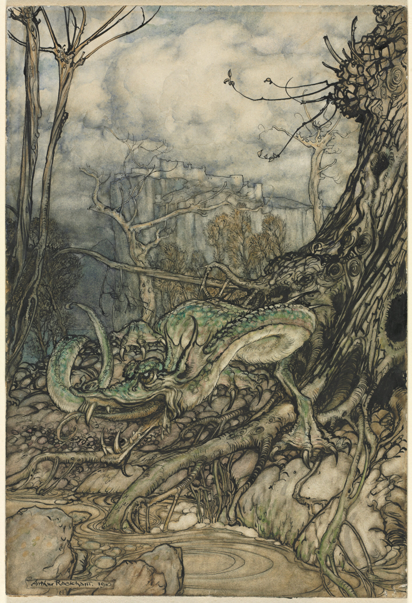 A green dragon among twisting tree roots, with dark ink contours, tall bare trunks and a distant castle in muted watercolour.