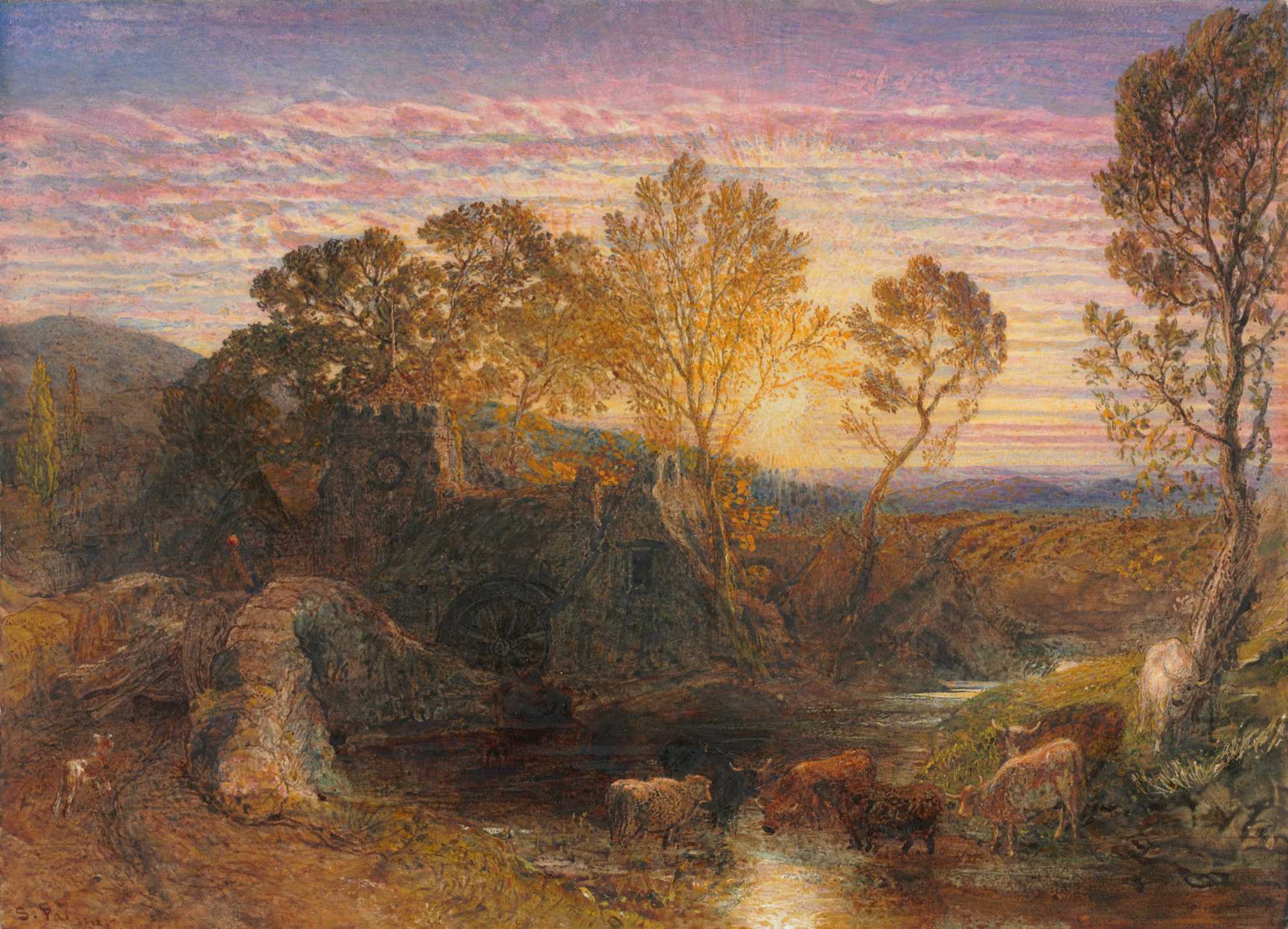 Pink and violet cloud bands above a glowing sunset, trees, a watermill and cattle beside a stream.