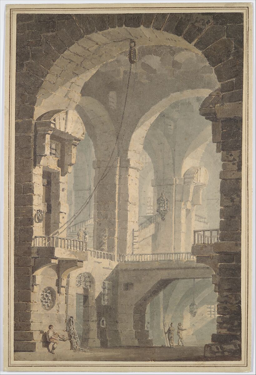 Tall stone arches, bridges and stairways recede through a shadowy prison interior, with tiny figures below.