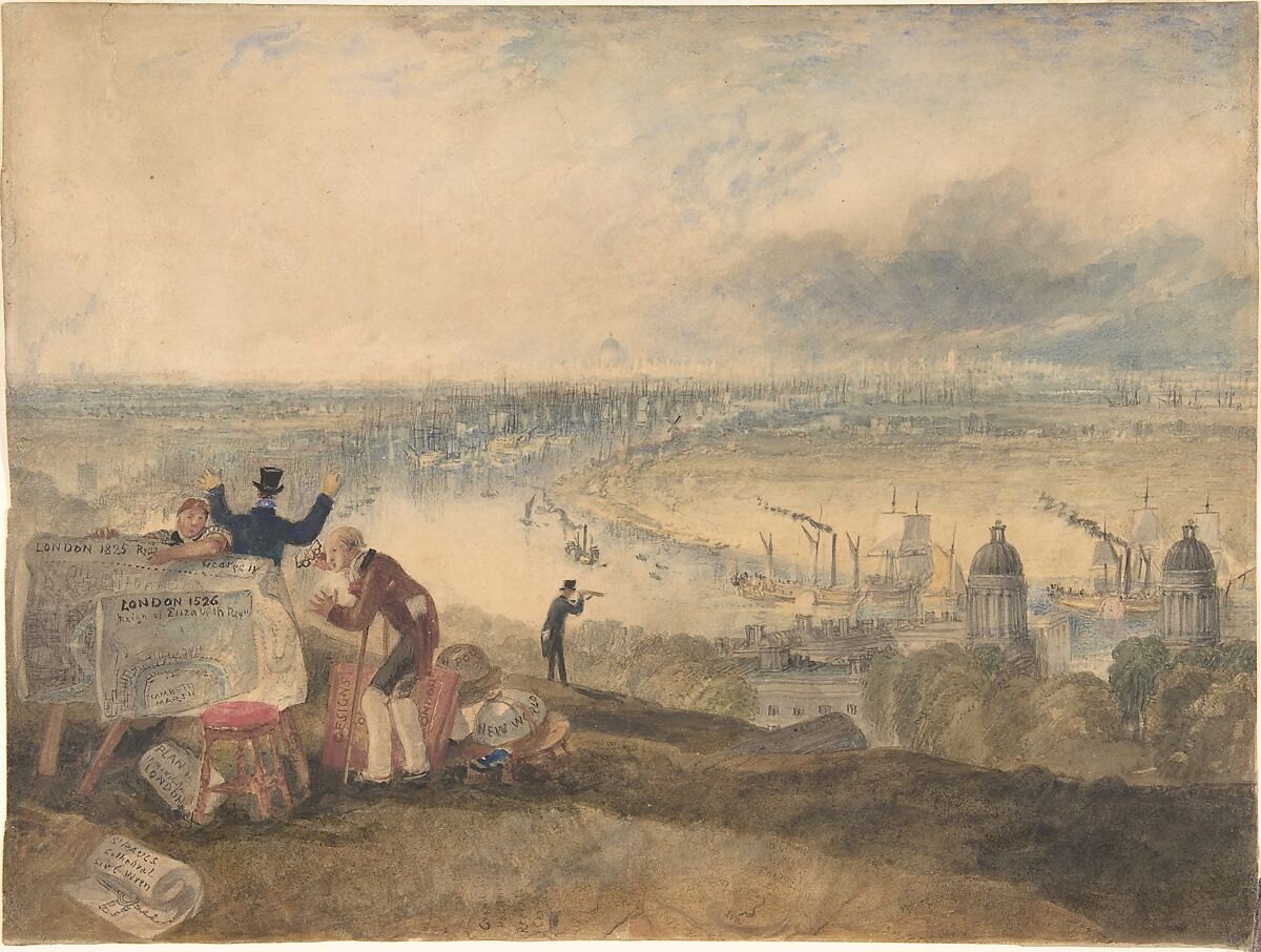 Figures with maps and globes stand above the Thames, its ships and Greenwich buildings, with London fading into the distance.