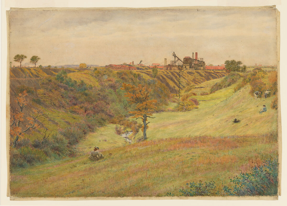 A small orange-leaved tree in a landscape of green slopes and russet vegetation, with colliery structures along the distant horizon beneath a pale sky.