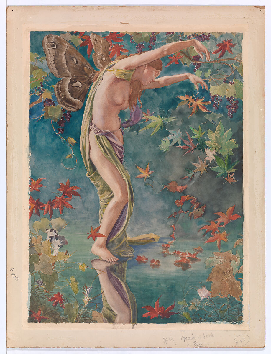 A winged figure surrounded by red, orange and green leaves against blue-green space, with scattered leaves and a reflection below.