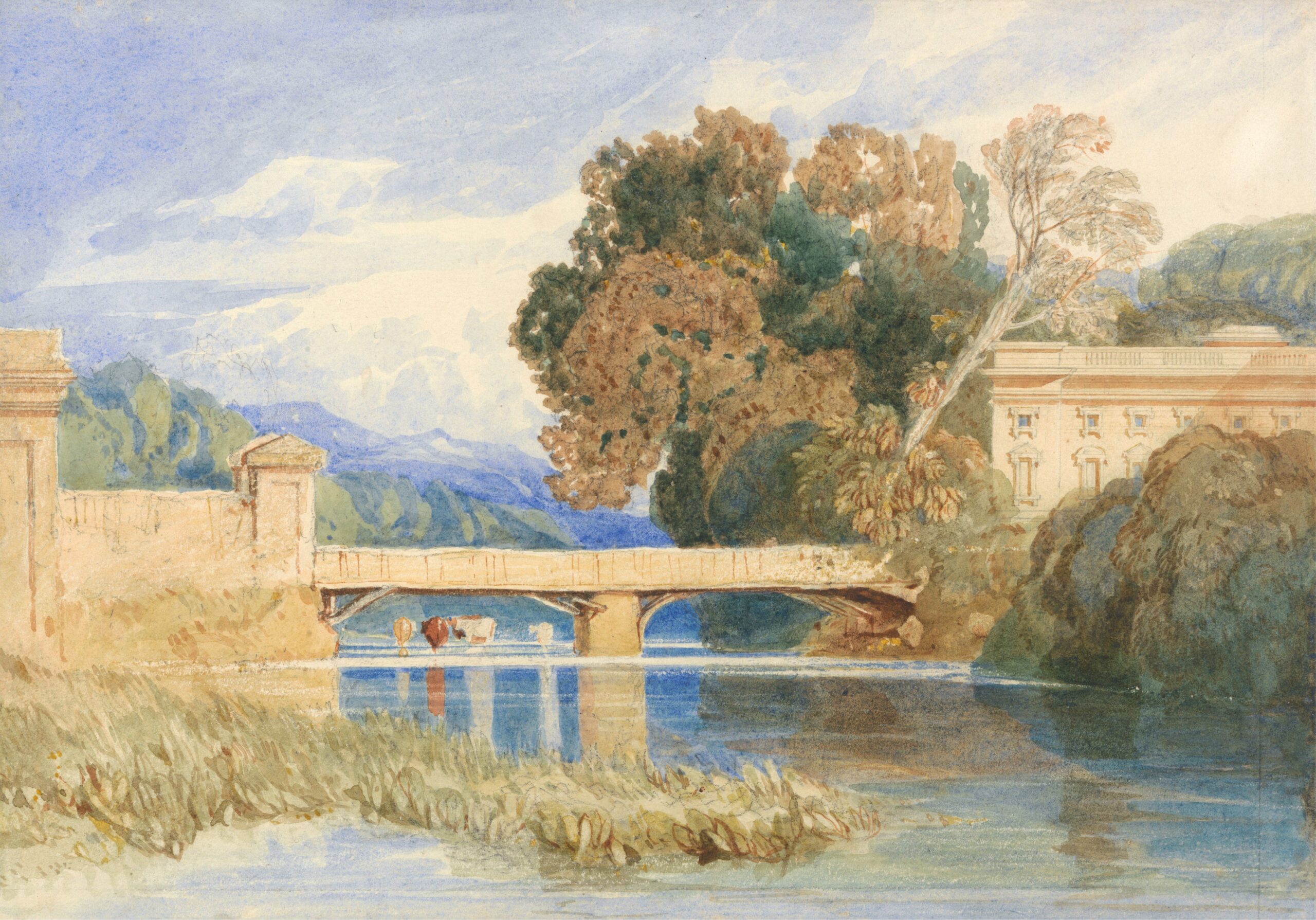 A pale bridge and buildings beside water, with a broad dark group of trees and scattered smaller marks in the foreground.