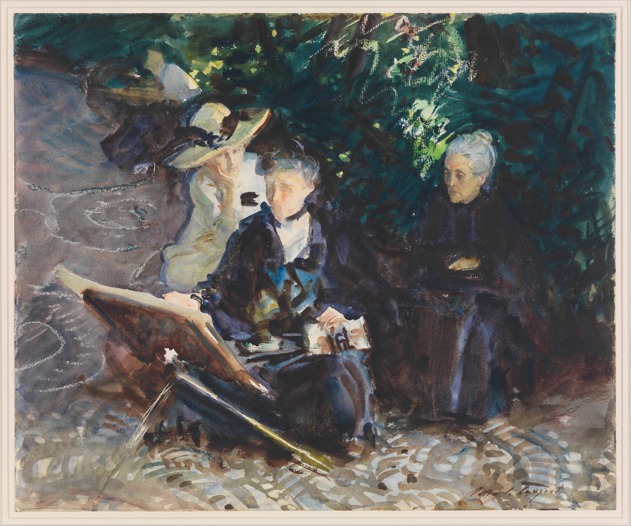 Three women seated in a garden, with clear faces, hats and hands against broad dark clothing and foliage, and broken marks across the tiled ground.
