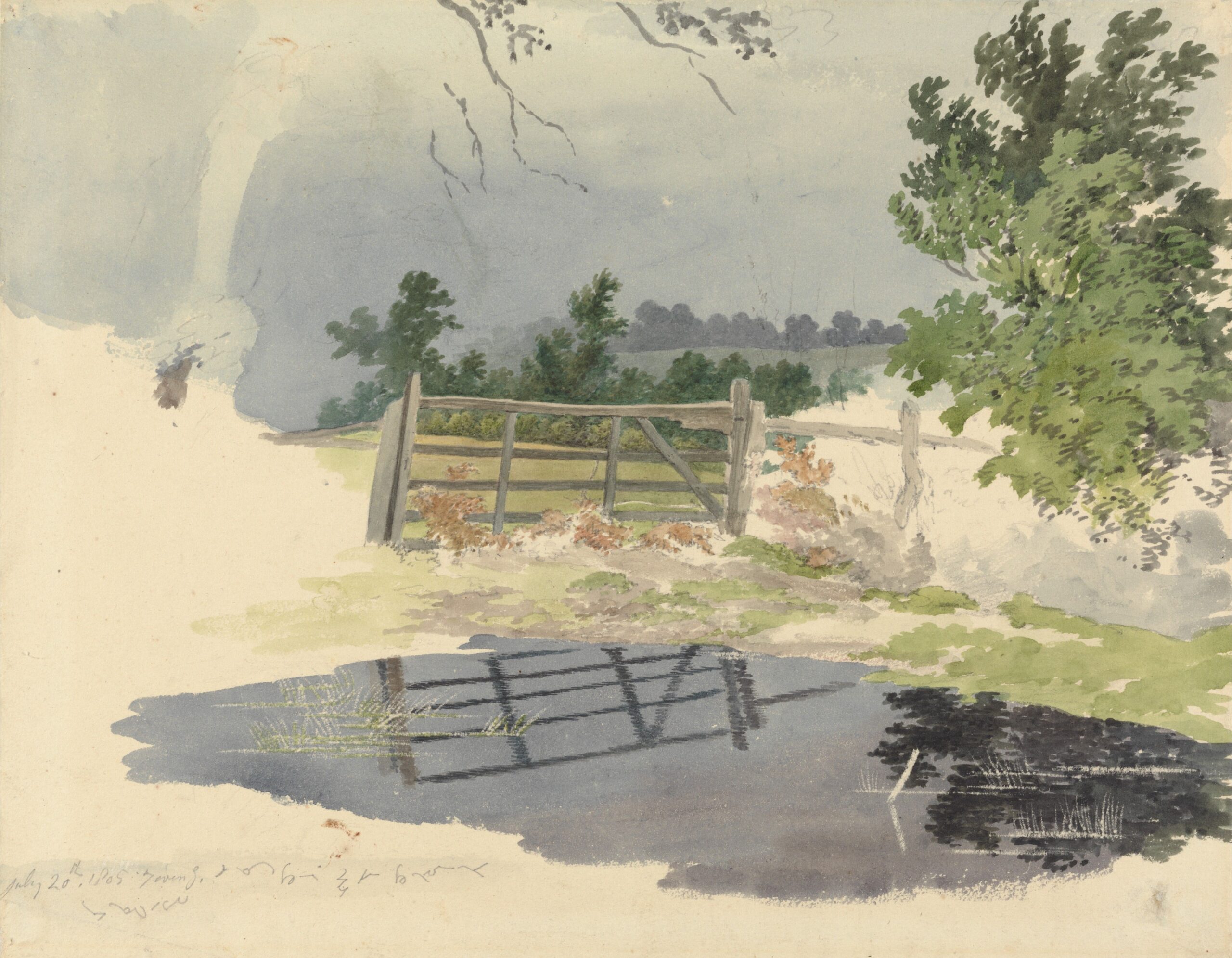 A wooden gate above a grey pool, with its rails and nearby foliage reflected in the water.